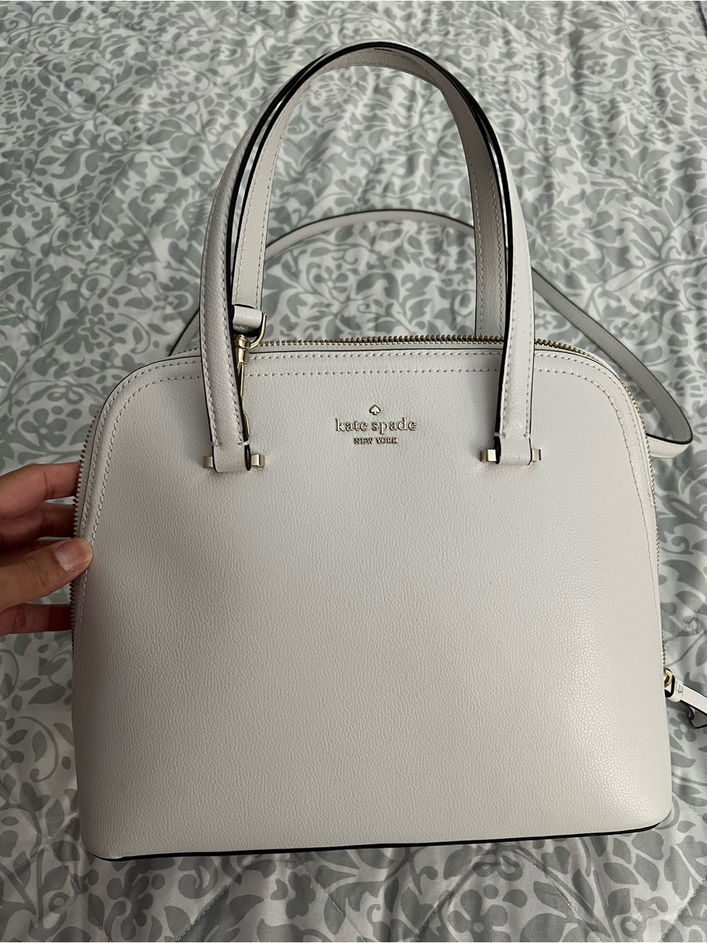 Kate Spade New York white structured pebbled leather dome satchel bag with strap